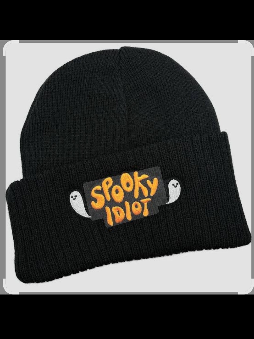 Krystan Saint Cat Black 'Spooky Idiot' Beanie with Ghost Patch